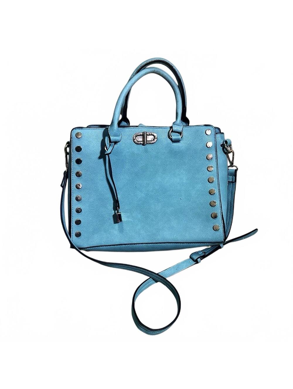 Dasein Womens Light Blue Faux Leather Studded Satchel Crossbody Handbag with Sn